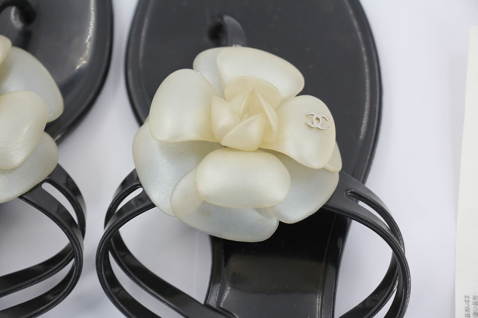 Thumbnail: Chanel Rubber Black Leather Cream Camellia Sandals Size 38