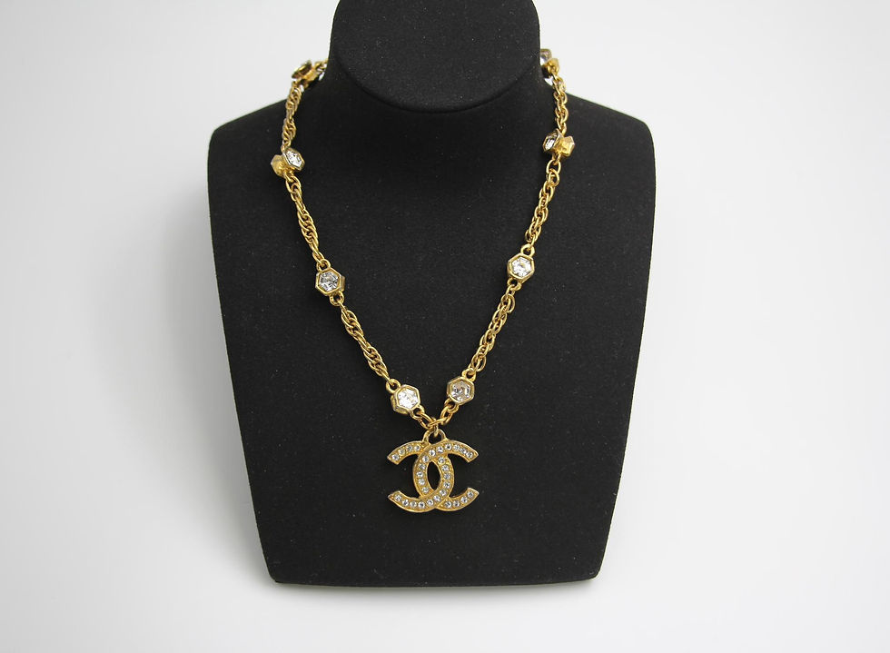 Thumbnail: Chanel Vintage 71-80 Rhinestone & Gold Plated Double-Sided CC Necklace 
