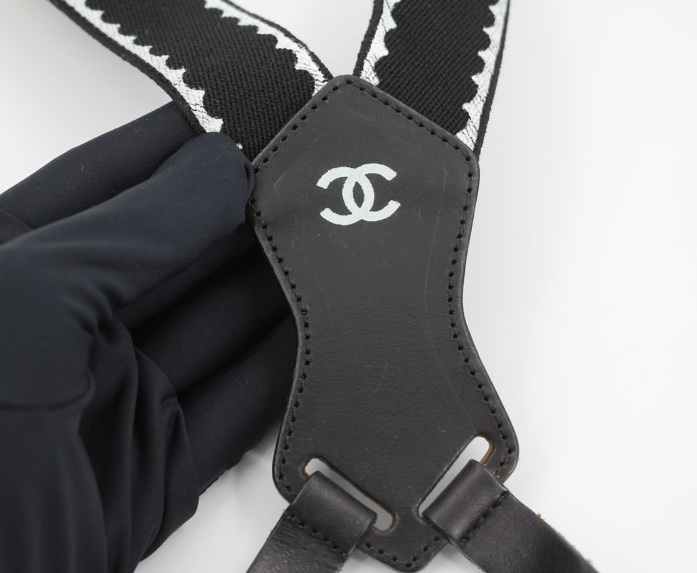 Thumbnail: Chanel Vintage 94P Leather & Canvas Coco Mark Suspenders in Black with Gold Hard