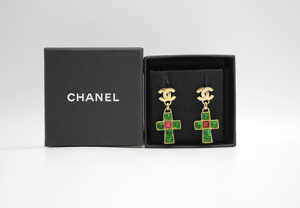 Chanel Vintage 02P Gripoix & Gold-Plated Green Red Cross Stud Earrings