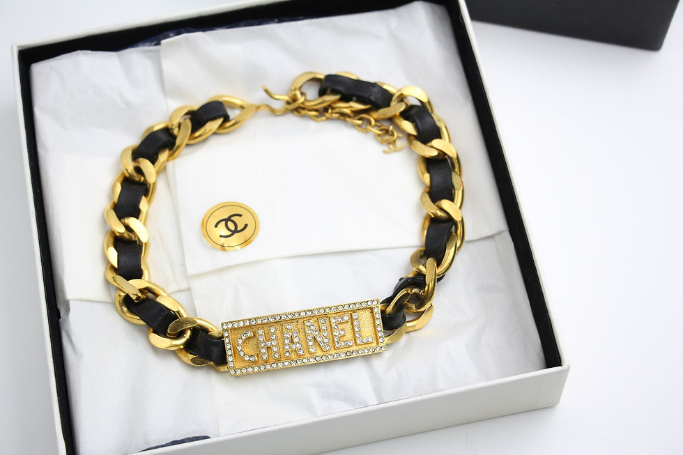 Thumbnail: Chanel Vintage 95P Rhinestone & Black Leather & Gold-Plated Choker Necklace