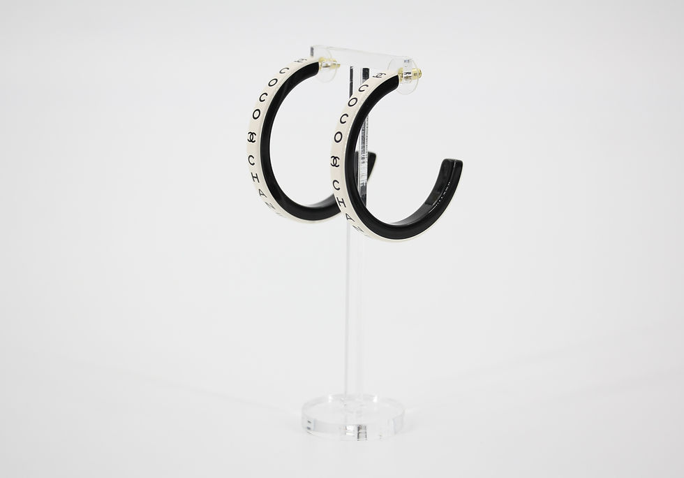 Thumbnail: Chanel B22S Resin White Curved COCO Motif Hoop Stud Earrings