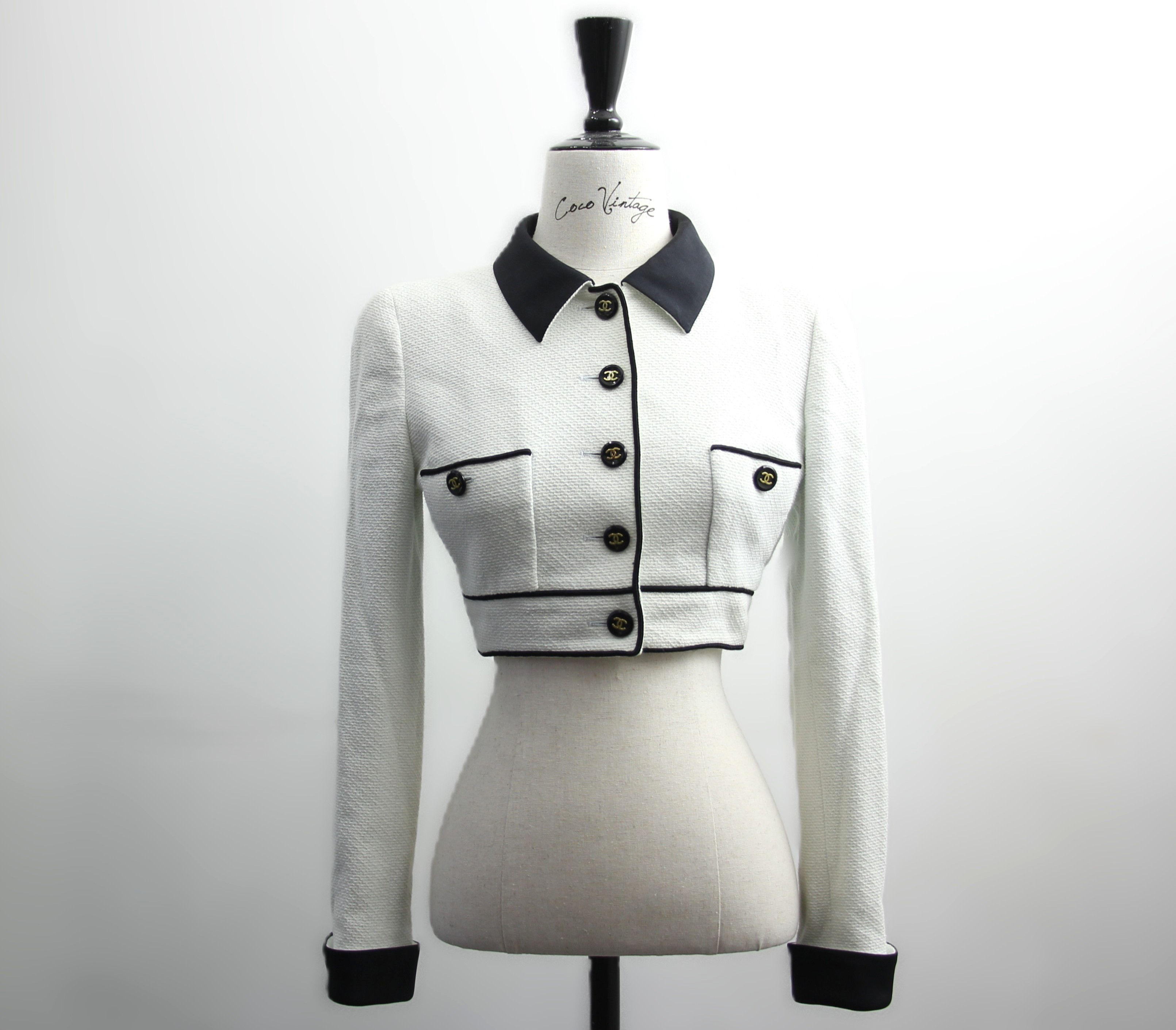 Chanel Vintage P95 Wool Coco Button White Light Green Short Jacket