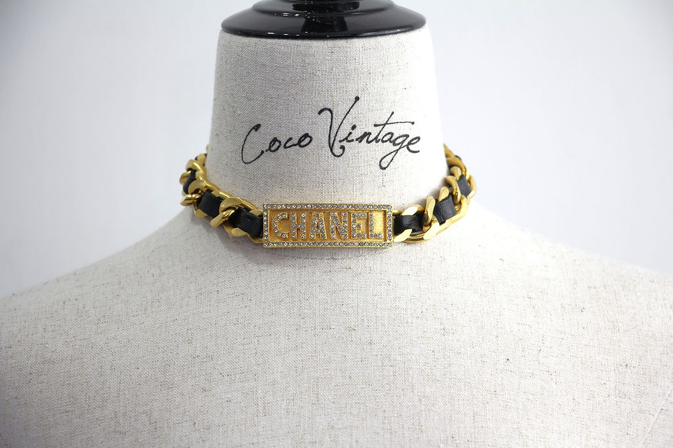 Thumbnail: Chanel Vintage 95P Rhinestone & Black Leather & Gold-Plated Choker Necklace
