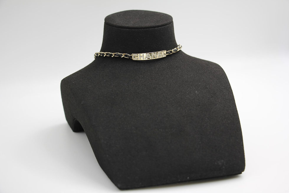 Thumbnail: Chanel 21V Rhinestone Paved Leather Strand Chanel Logo Choker 
