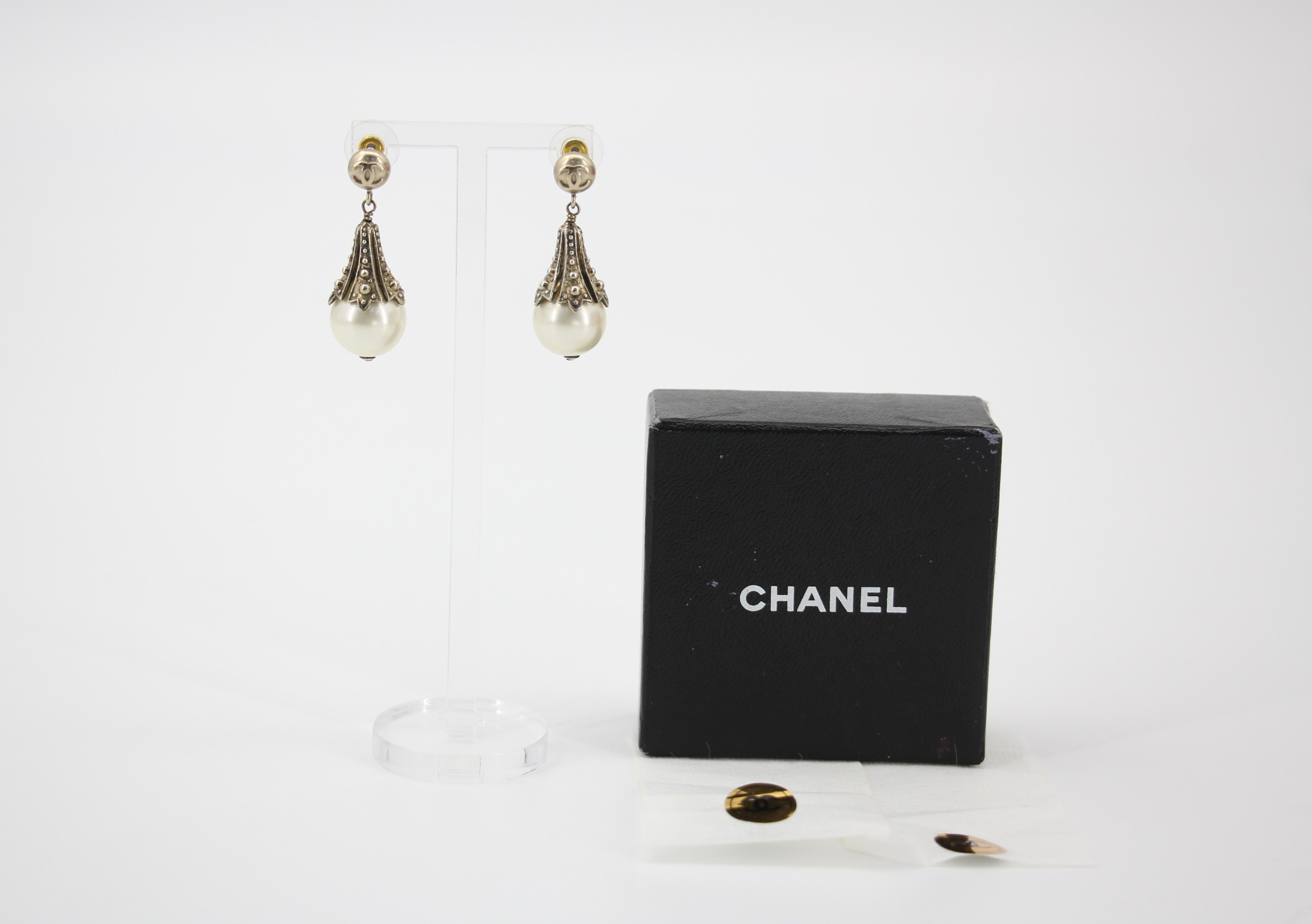 Chanel Vintage 03P Imitation Pearl & Metal Bronze-Tone Stud Earrings