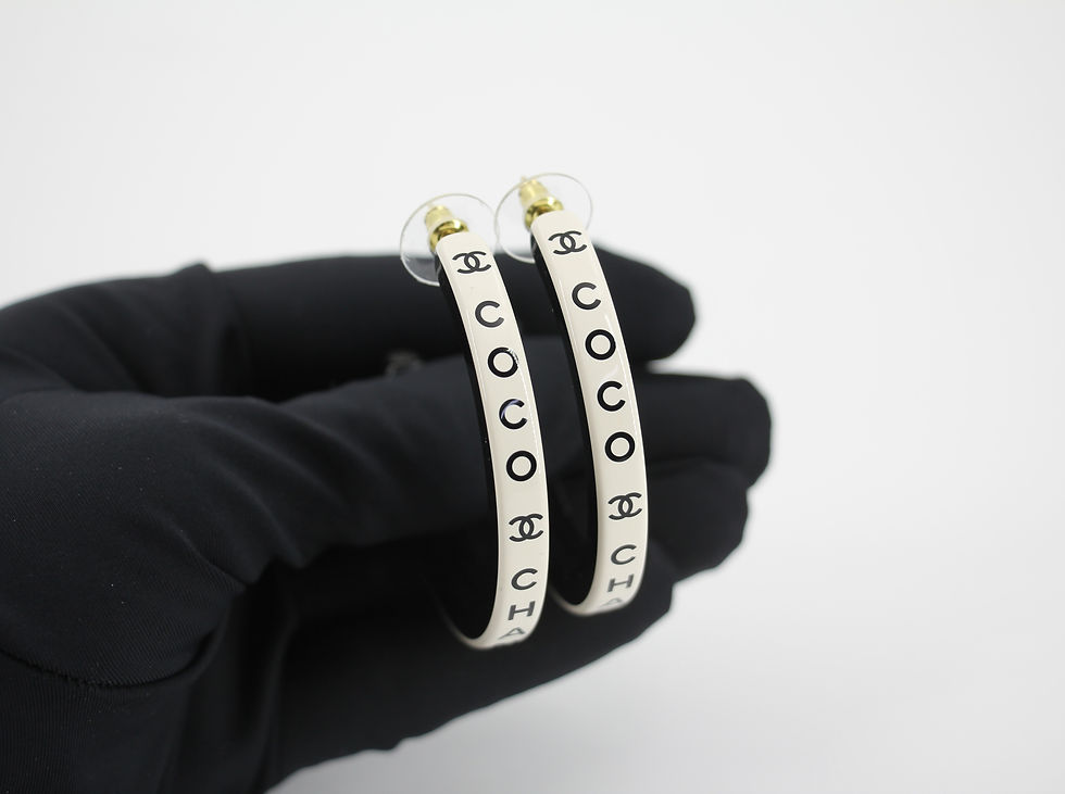 Thumbnail: Chanel B22S Resin White Curved COCO Motif Hoop Stud Earrings