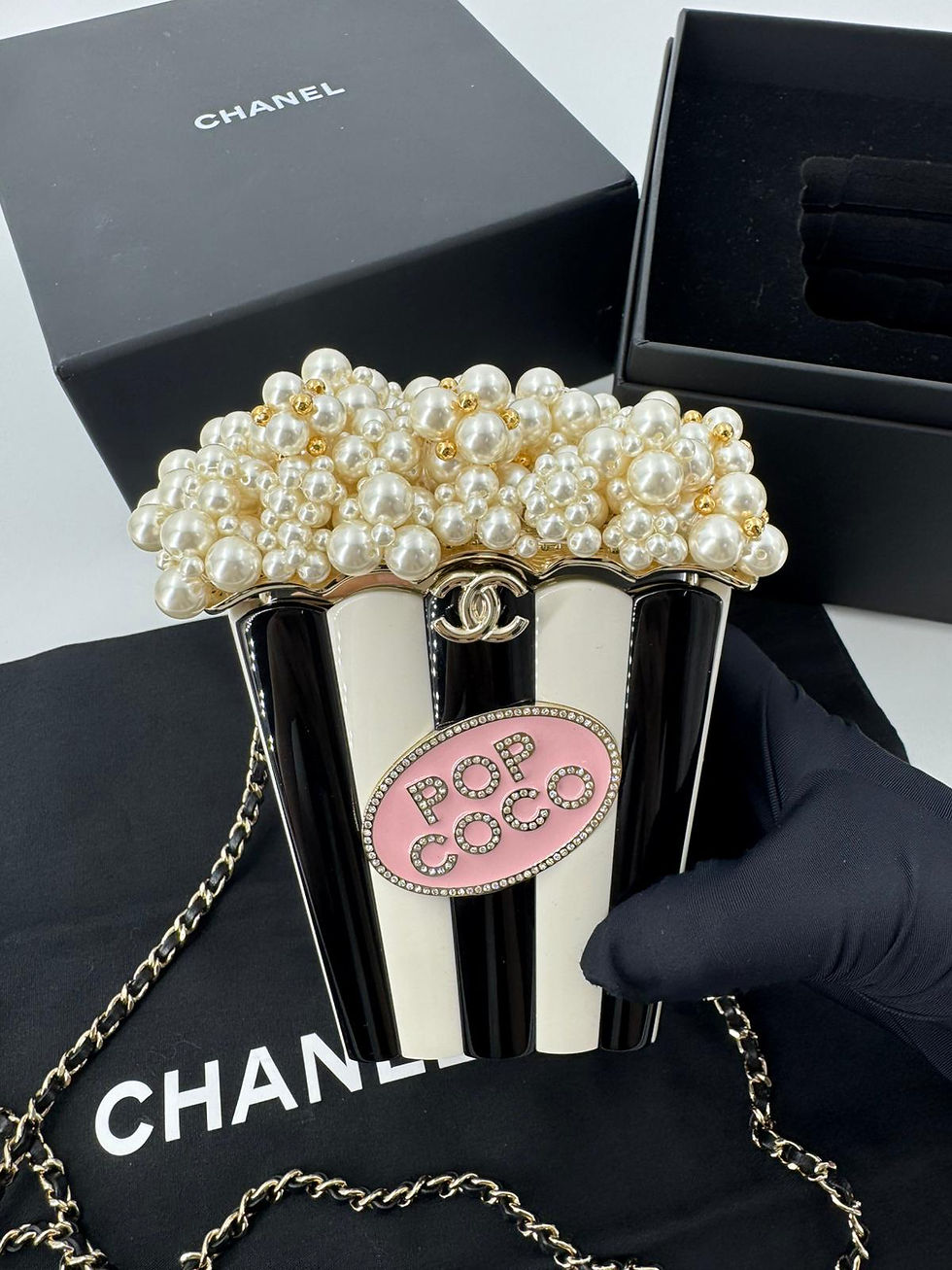 Thumbnail: Chanel 2024 Imitation Pearl and Gold-tone Popcorn Minaudière Bag