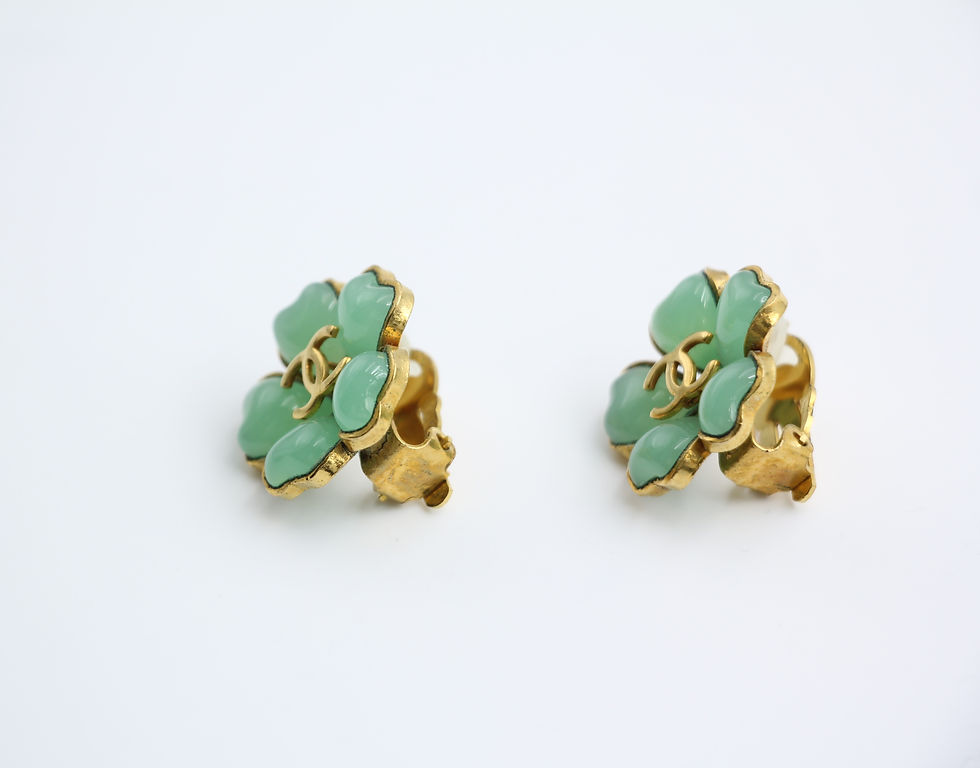 Thumbnail: Chanel Vintage 97P Gripoix Jade Light Green Camellia Clip-on Earrings