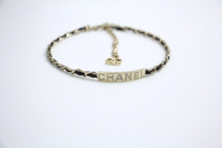Chanel 21V Rhinestone Paved Leather Strand Chanel Logo Choker 