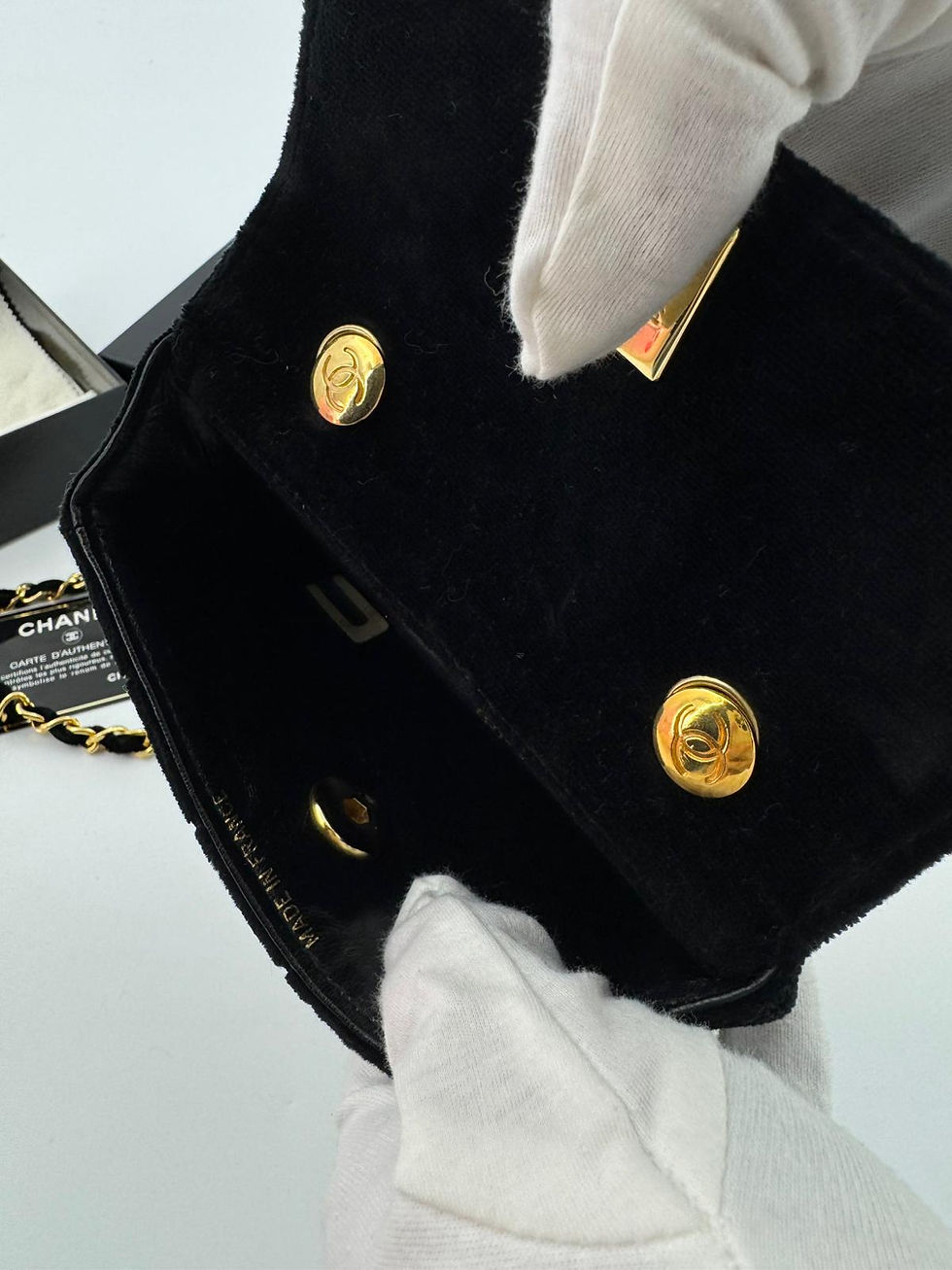 Thumbnail: Chanel Vintage Velvet Black Mini Matelasse Single Flap Bag with Gold Hardware 