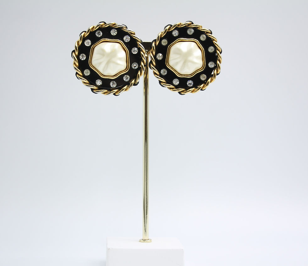 Thumbnail: Chanel Vintage 88 Leather Chain and Rhinestone Round Clip-on Earrings