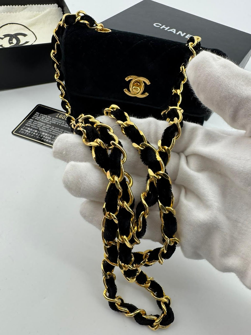 Thumbnail: Chanel Vintage Velvet Black Mini Matelasse Single Flap Bag with Gold Hardware 