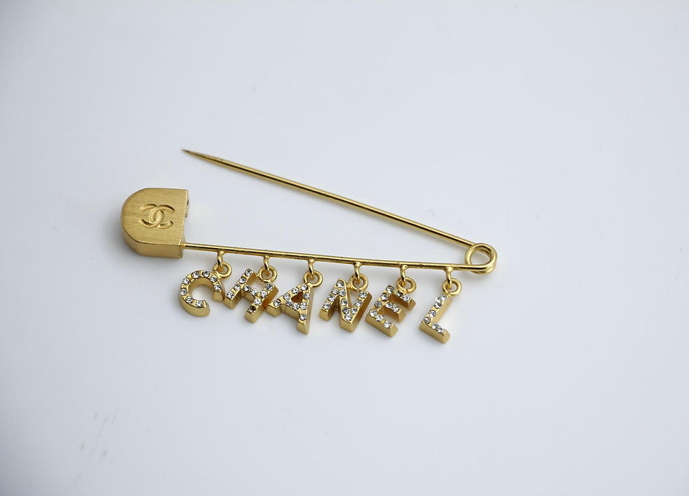 Thumbnail: Chanel Vintage 01P Rhinestone English Lettering Gold Tone Brooch