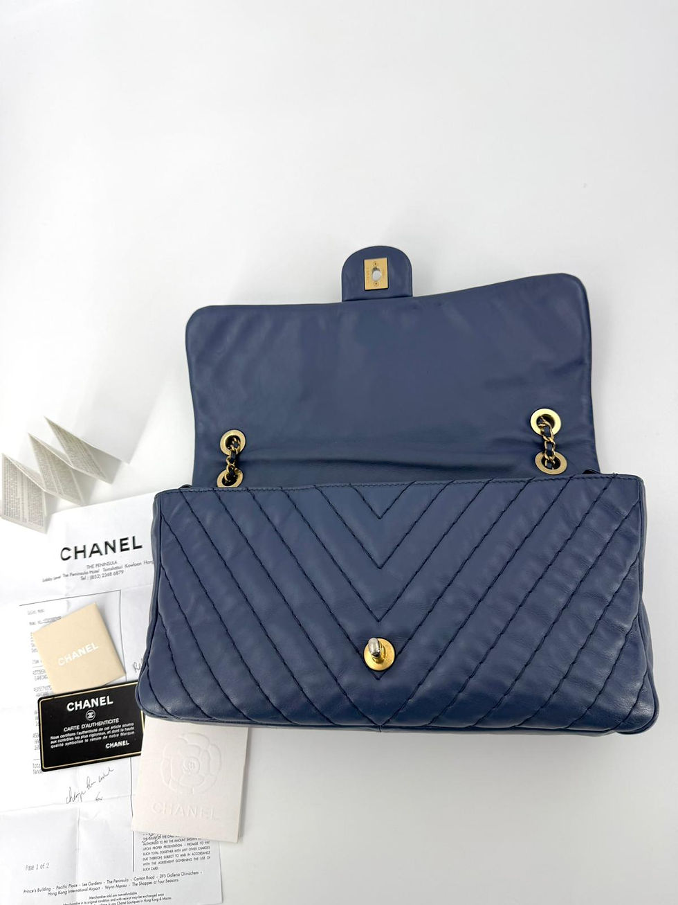 Thumbnail: Chanel (12) Lambskin Chevron Medallion Charm Dark Blue Jumbo Classic Flap Bag
