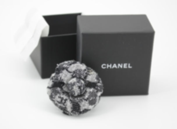 Chanel 23K Wool-Blend Fall/Winter Gray and Black Camellia Brooch 