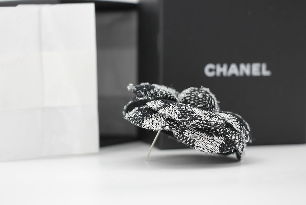 Thumbnail: Chanel 23K Wool-Blend Fall/Winter Gray and Black Camellia Brooch 