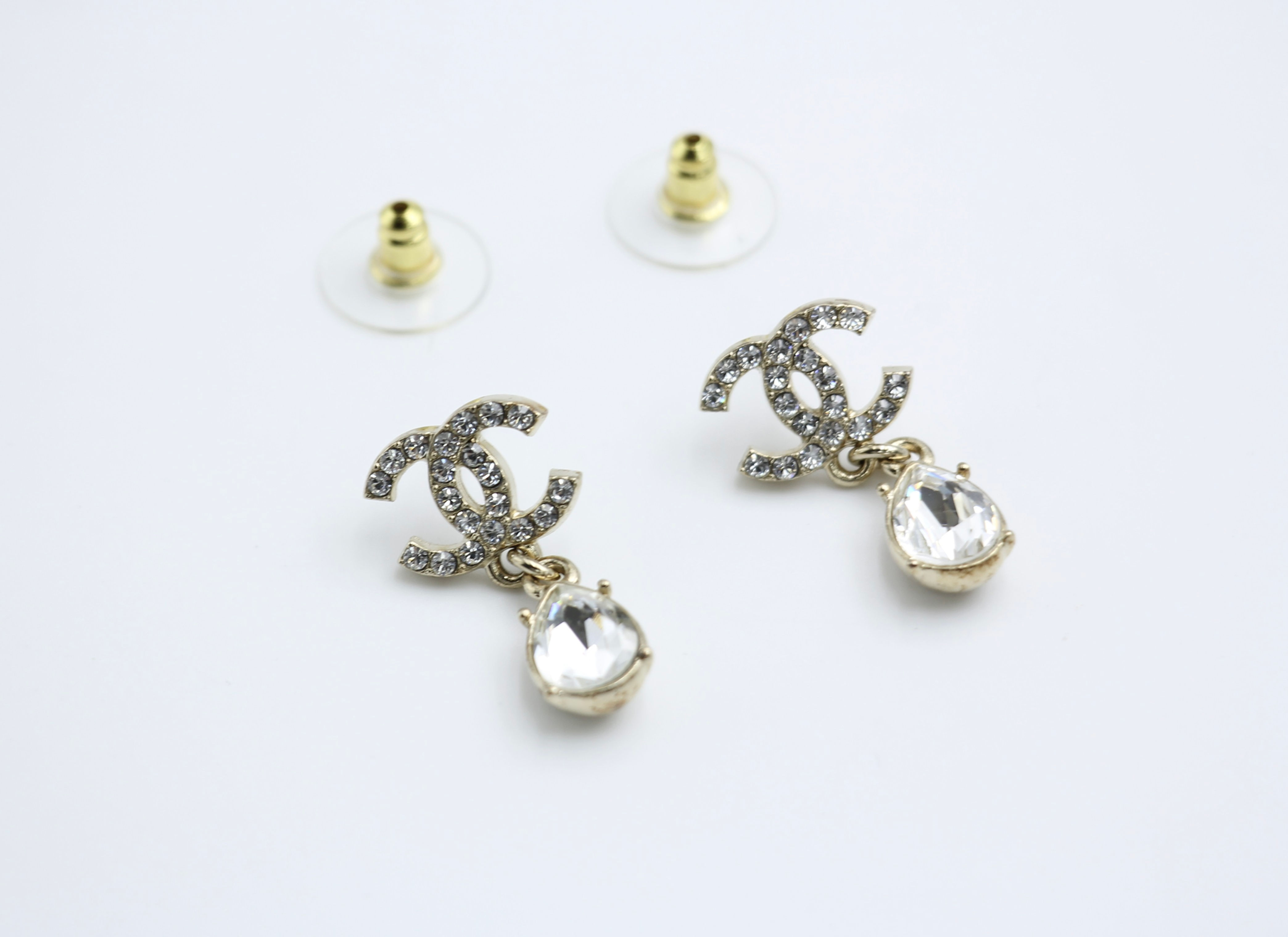 Chanel C19A Rhinestone CC Drop Dangle Stud Earrings