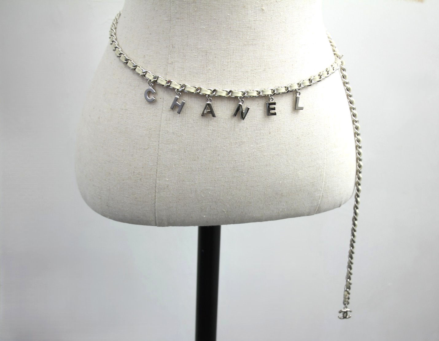 Chanel A12C Leather with Metal Beige White and Silver Waist Chain L95