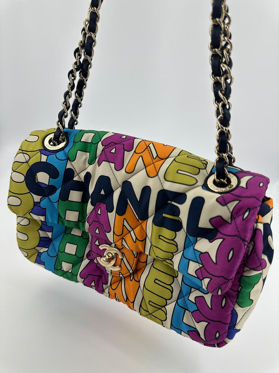 Thumbnail: Chanel 21K Nylon Fabric Quilted Multicolor Rainbow Printed Logo Single Flap Bag 