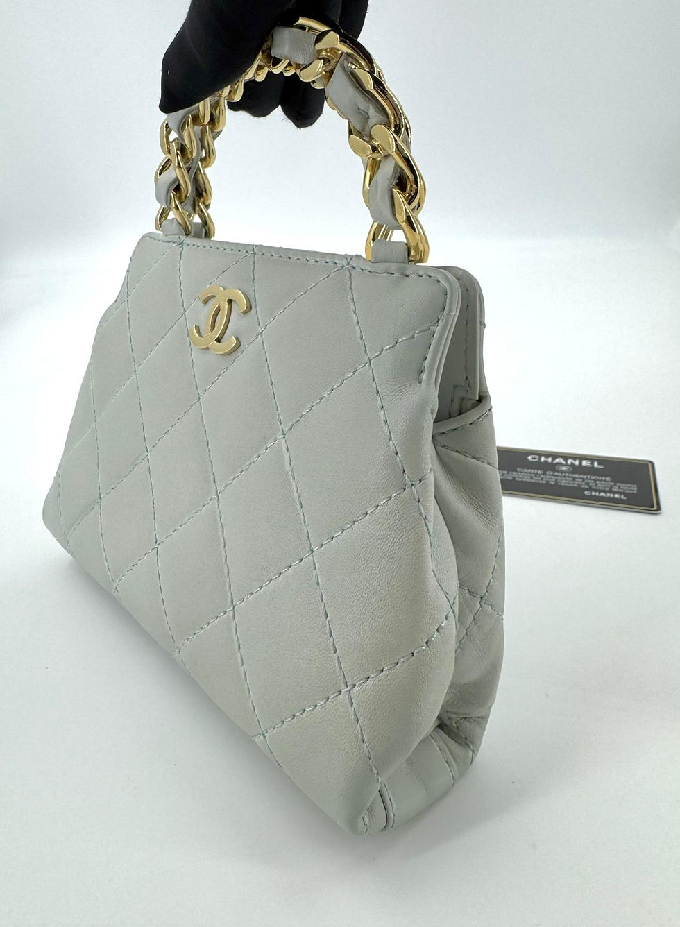 Thumbnail: Chanel 2004 Lambskin Light Blue Quilted Chain Top Handle CC Handbag with GHW