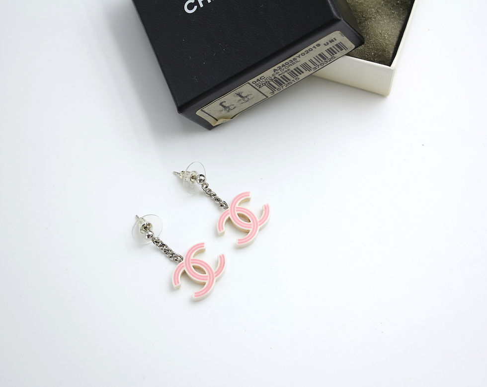 Thumbnail: Chanel Vintage 2004 Resin Pink Striped Dangle Stud Earrings
