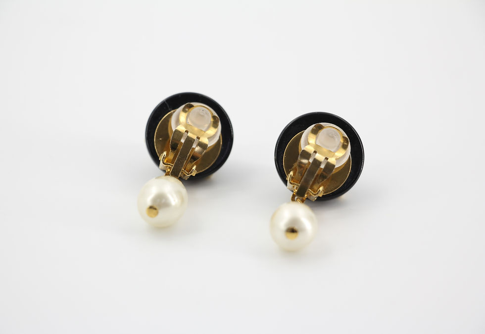 Thumbnail: Chanel Vintage 96C Resin Dot Black Bean Imitation Pearl Dangle Clip-on Earrings