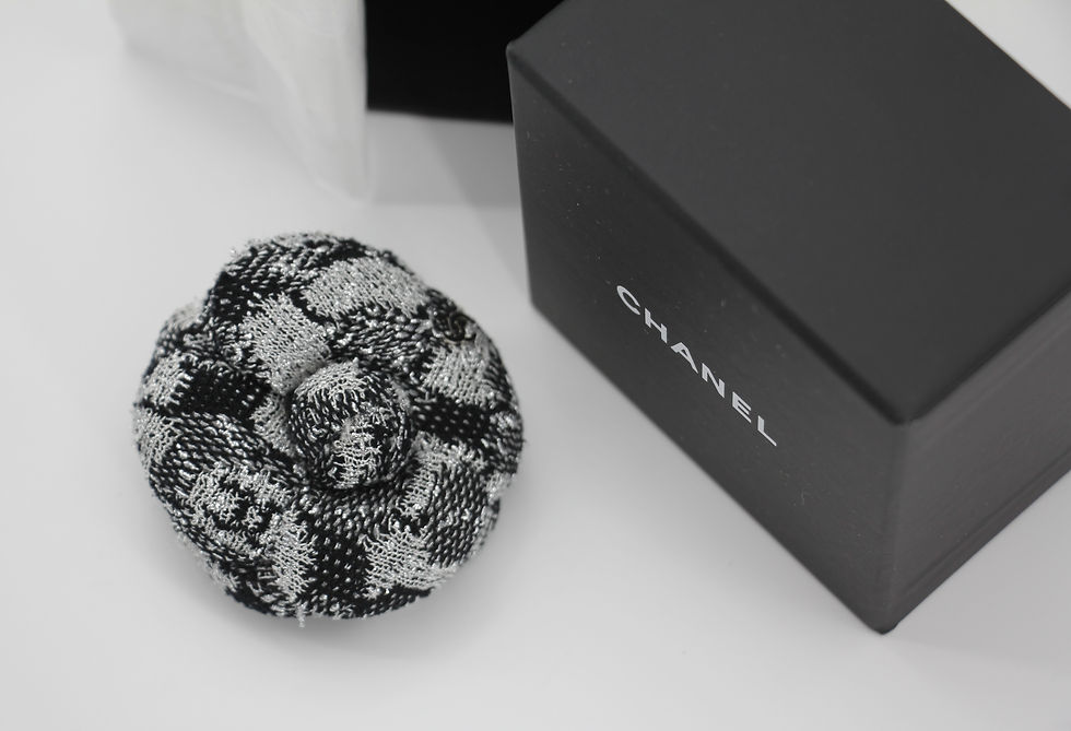 Thumbnail: Chanel 23K Wool-Blend Fall/Winter Gray and Black Camellia Brooch 