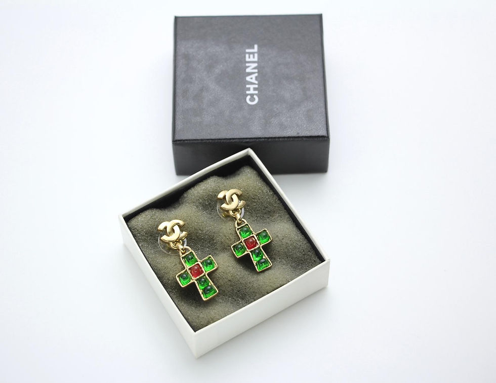 Thumbnail: Chanel Vintage 02P Gripoix Green and Red Gilt Crucifix Stud Earrings
