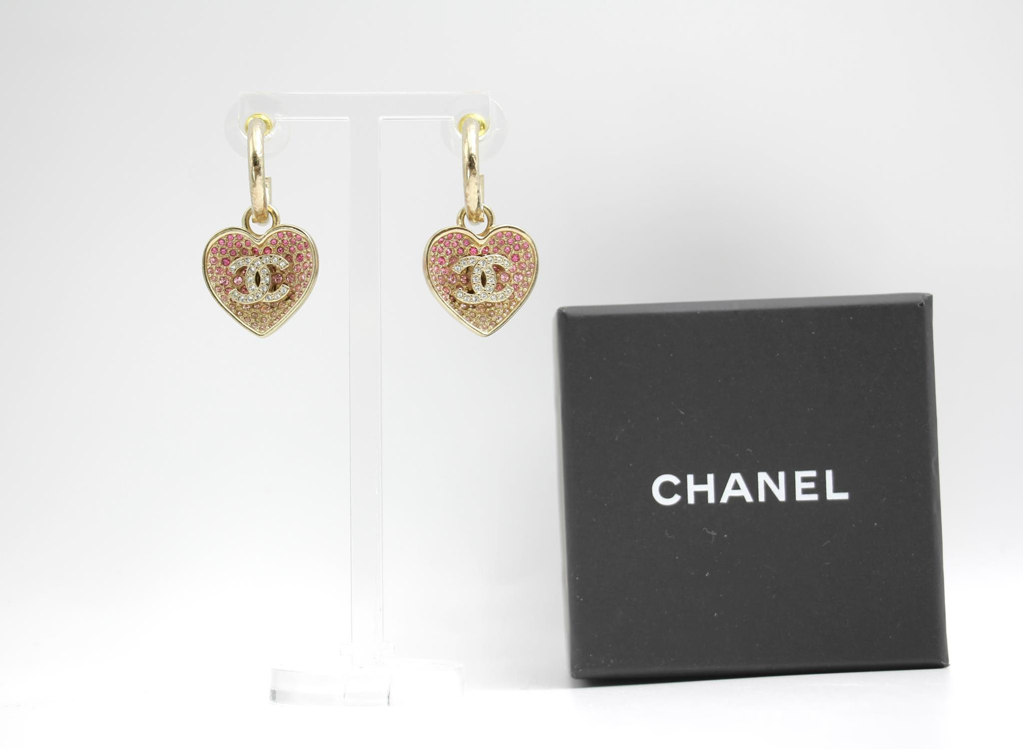 Chanel 23P Rhinestone Peach Pink Double-Sided Heart Pendant Hoop Stud Earrings