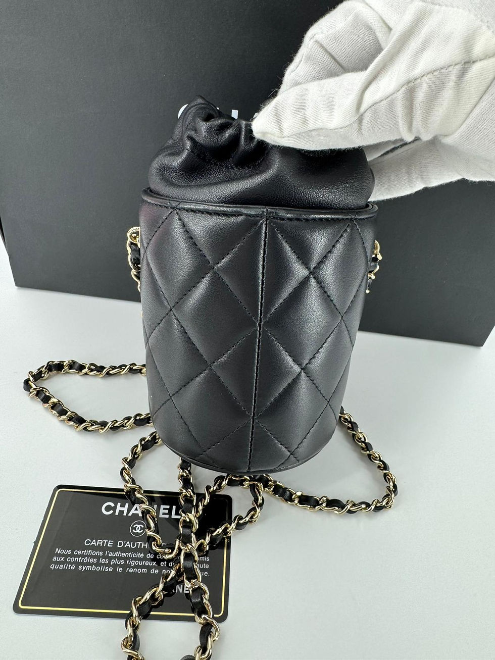 Thumbnail: Chanel (21) Lambskin Quilted Black Mini Bucket Bag with Gold Hardware  