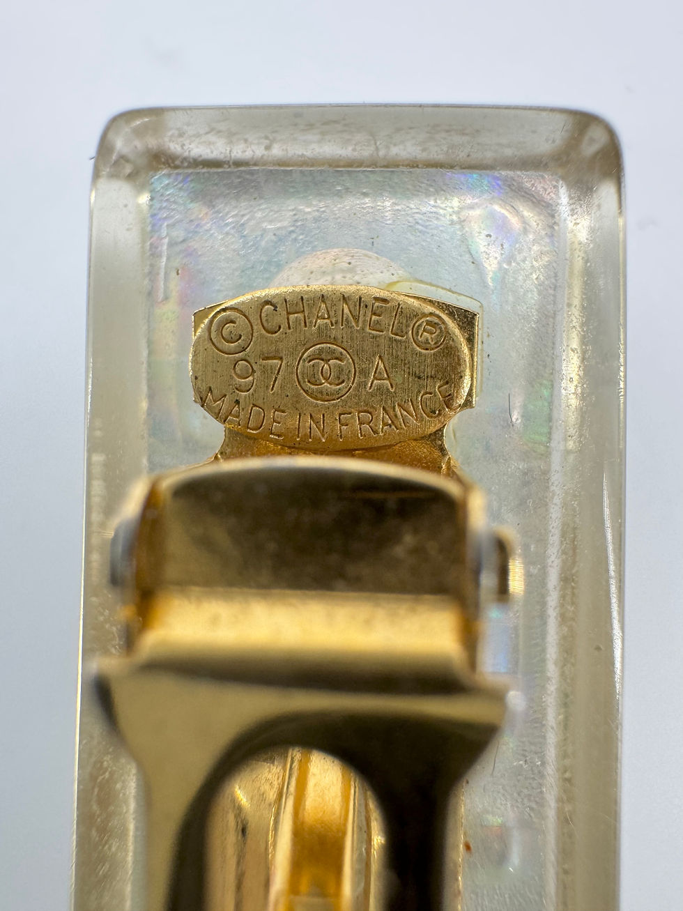 Thumbnail: Chanel Vintage 97P Iridescent Sliver Resin Golden-Tone Letter Motif Hair Clip