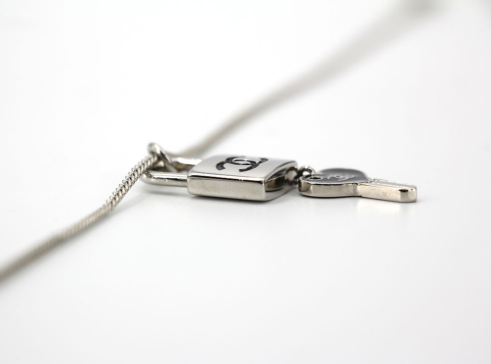 Thumbnail: Chanel Vintage 07P Metal CC Logo Silver & Black -Tone Padlock and Key Necklace