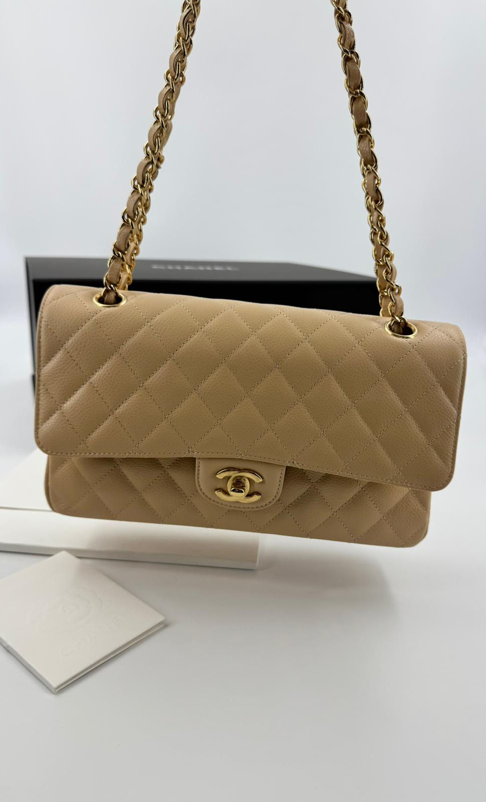 Thumbnail: Chanel (21) Beige Clair Caviar Quilted Classic Double Flap Medium Gold Hardware 