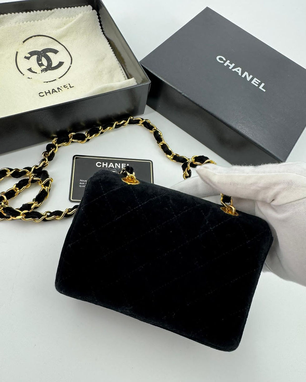 Thumbnail: Chanel Vintage Velvet Black Mini Matelasse Single Flap Bag with Gold Hardware 