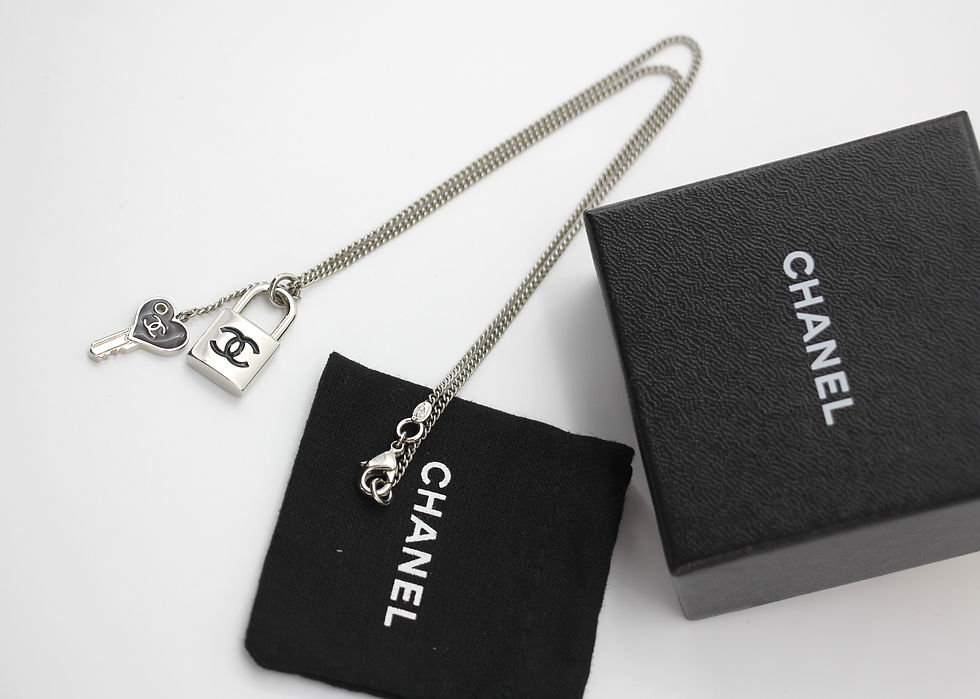 Thumbnail: Chanel Vintage 07P Metal CC Logo Silver & Black -Tone Padlock and Key Necklace