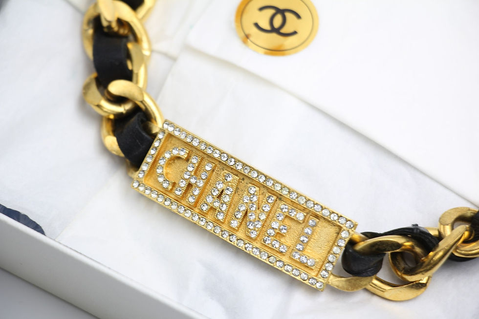 Thumbnail: Chanel Vintage 95P Rhinestone & Black Leather & Gold-Plated Choker Necklace