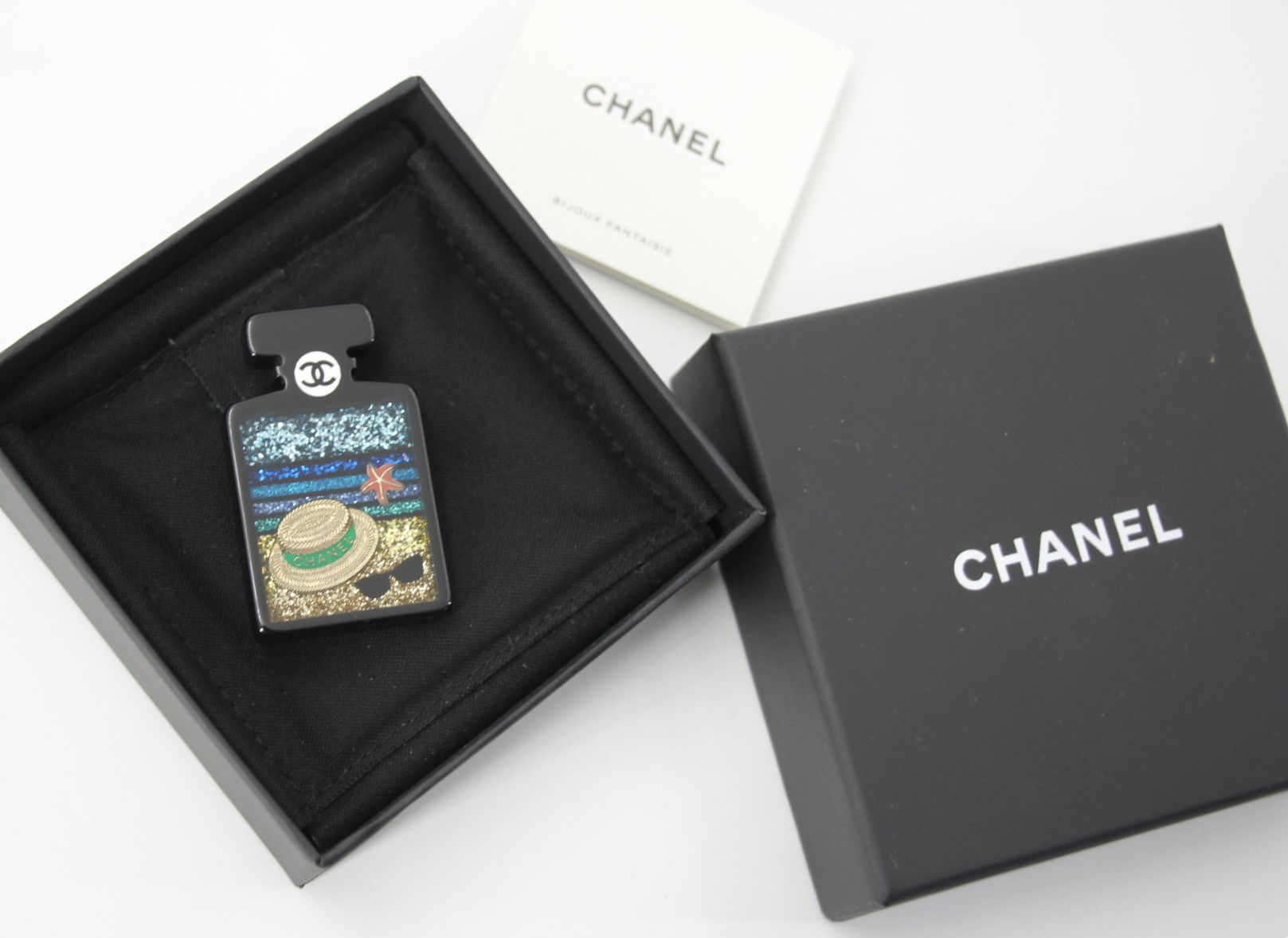 Chanel 18S Resin Beach Black Perfume Bottle Brooch