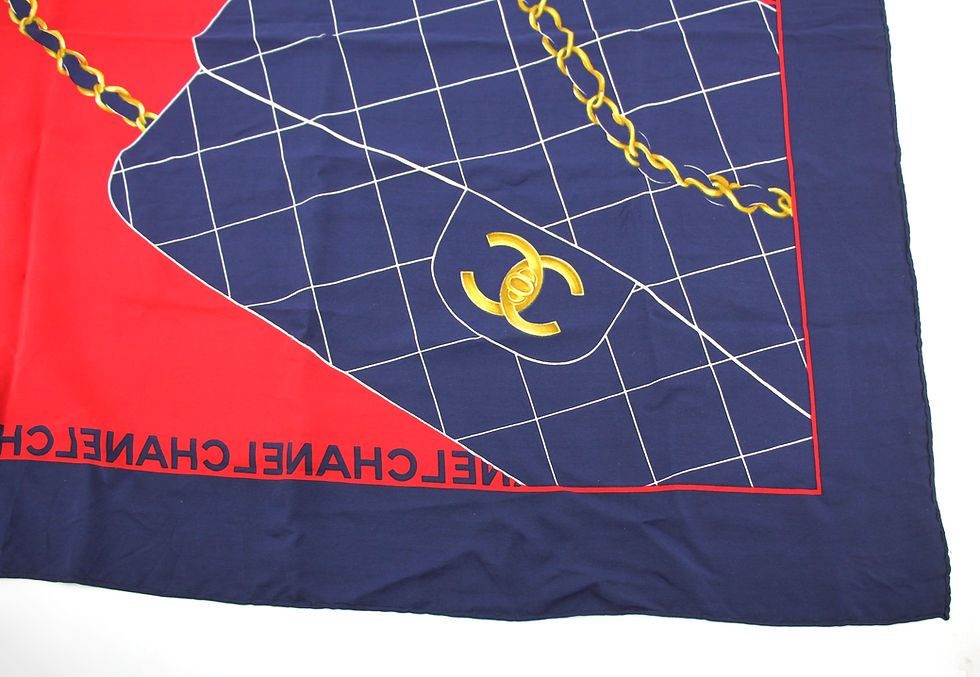 Thumbnail: Chanel 100% Silk Navy Red Bag Pattern Scarf