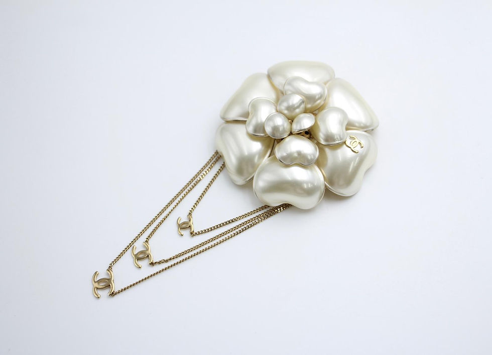 Thumbnail: Chanel Vintage 02A Imitation Pearls White Camellia Three CC Brooch