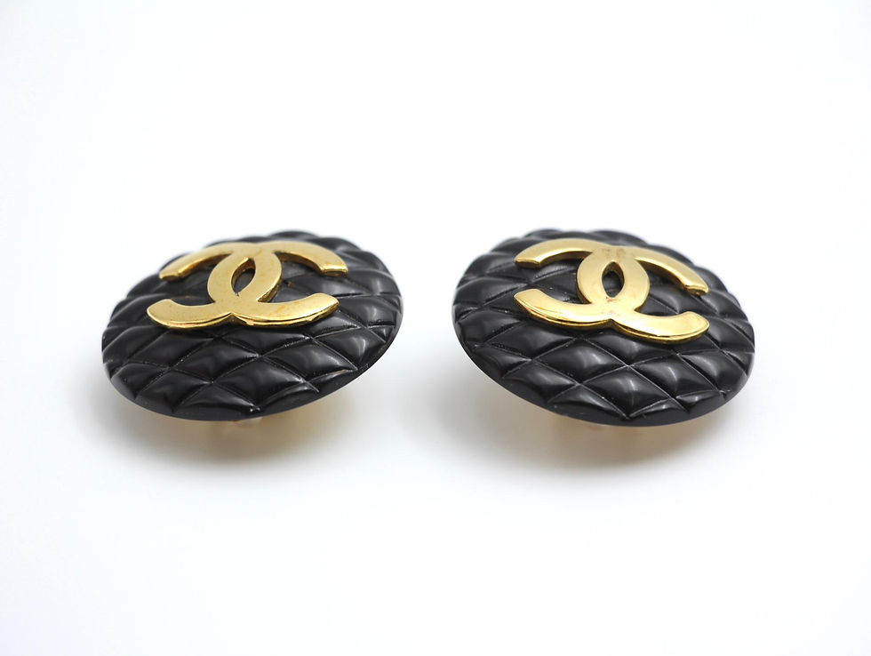 Chanel Vintage 91年樹脂菱形狀亮黑金色大耳環