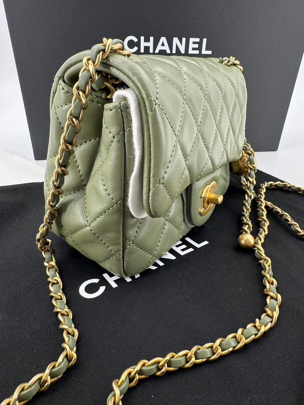 Thumbnail: Chanel 21B Lambskin Pearl Crush Olive Green Mini Rectangular Flap Bag with Gold 