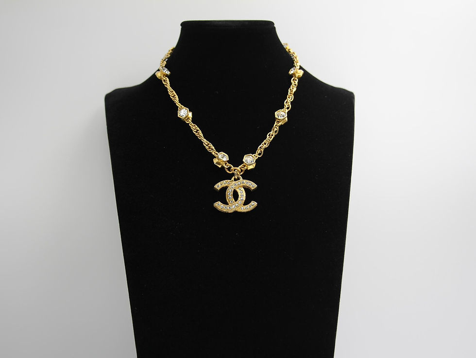 Thumbnail: Chanel Vintage 71-80 Rhinestone & Gold Plated Double-Sided CC Necklace 