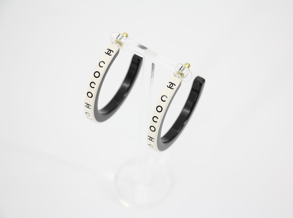 Thumbnail: Chanel B22S Resin White Curved COCO Motif Hoop Stud Earrings