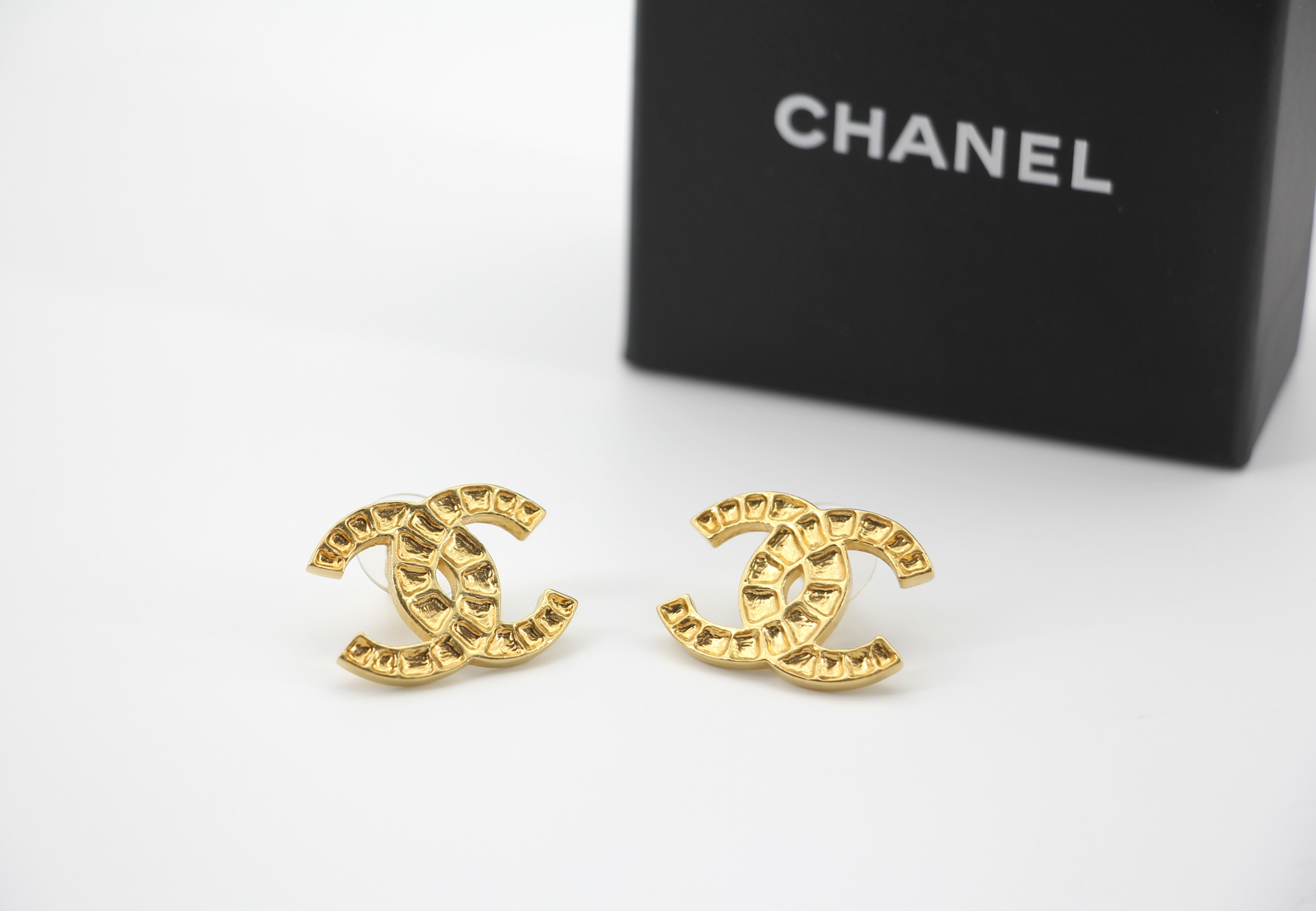 Chanel B19A Metal Square Embossed Gold CC Mark Stud Earrings