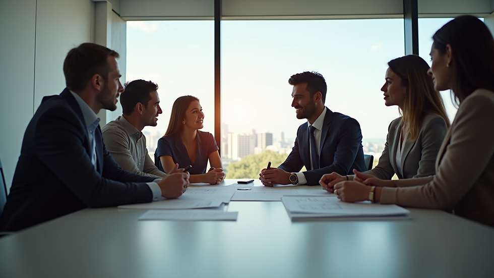 Eye-level view of a business team discussing plans around a conference table