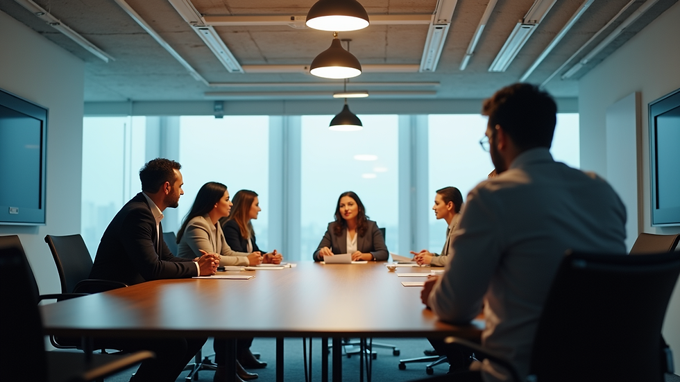 Eye-level view of a conference room with a team discussing strategy around a table