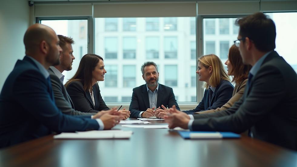 Eye-level view of a conference room with diverse professionals discussing risk management plans