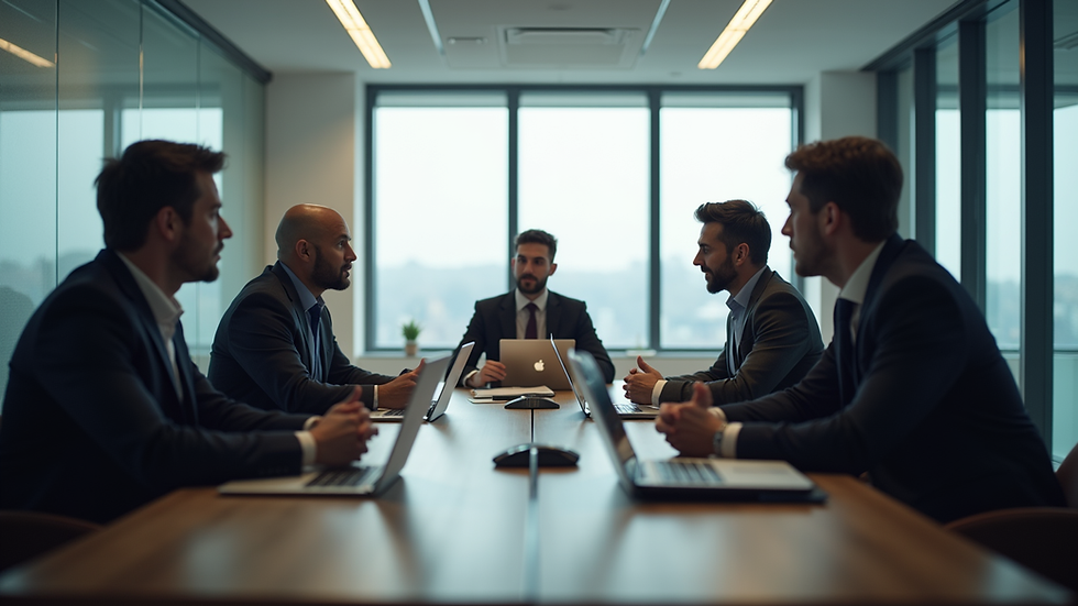 Eye-level view of a conference room with a team discussing crisis planning