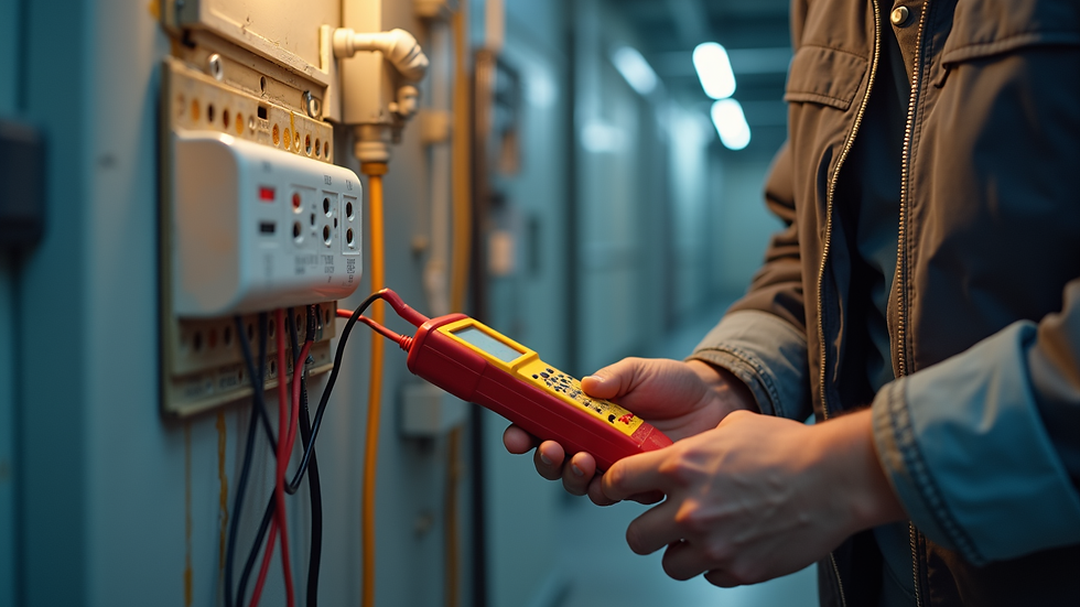 Close-up view of electrician testing commercial wiring with a multimeter